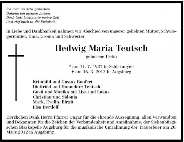 Lien Hedwig 1927-2012 Todesanzeige